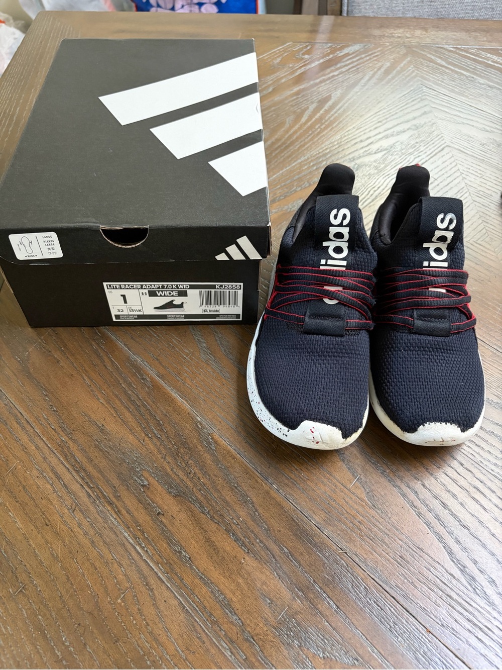 Adidas Lite Racer Adapt 7.0 K Kids Size 1 Wide Black Red with Shoebox